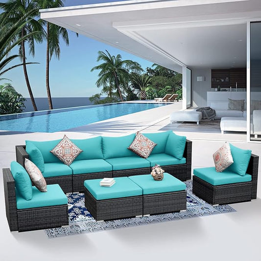 NICESOUL 8 People Outdoor Seating Furniture, 29.3'' High Back Comfortable Wicker Patio Sectional Sofas with Ottoman, Deep Seats Oversized Conversations for Exteriors, 2 Color Cushion Turquoise & Gray