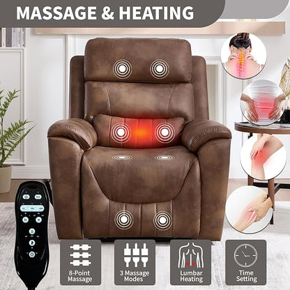 PELUMY Power Lift Recliner Chair for Elderly with Massage and Heat, Dual Motor Heavy Duty 350lbs Recliner, 8-Point Vibration & Lumbar Heating, Electric Lift Chair (Breathable Leather, Brown)