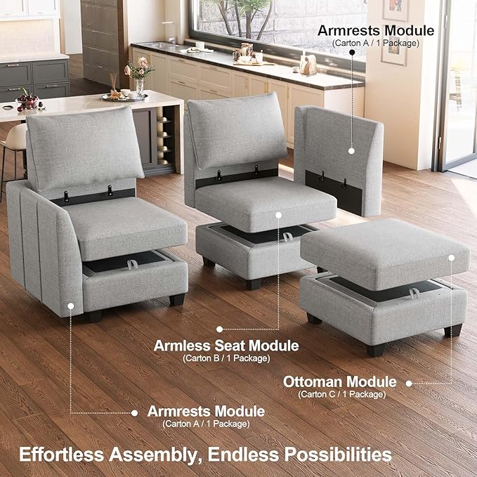 Belffin Modular Sectional Sofa Chenille Sleeper Sectional Couch with Storage Modular Sofa Bed for Living Room, 6 Seats, Light Grey