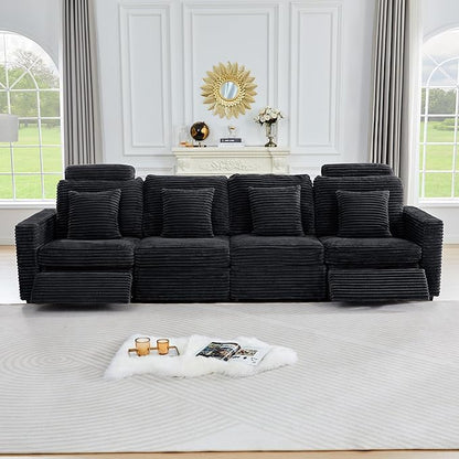 ORRD Power Reclining Sectional Sofa, Electric 4 Seat Recliner with 2 Electric Footrest and Adjustable Headrest, Modern Plush Corduroy Fluffy Modular Sectional with Deep Seat for Living Room-Black