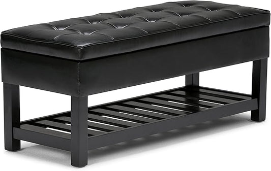 SIMPLIHOME Cosmopolitan 44 inch Wide Transitional Rectangle Storage Ottoman Bench with Open Bottom in Midnight Black Vegan Faux Leather, Assembled for the Living Room and Bedroom