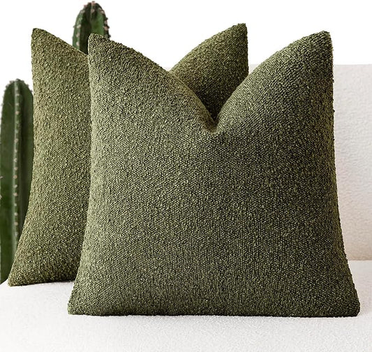Foindtower Set of 2, Decorative Textured Boucle Throw Pillow Covers Accent Solid Pillow Cases Neutral Soft Cozy Couch Cushion Case for Chair Sofa Bedroom Living Room Home Decor 26x26 Inch Moss Green