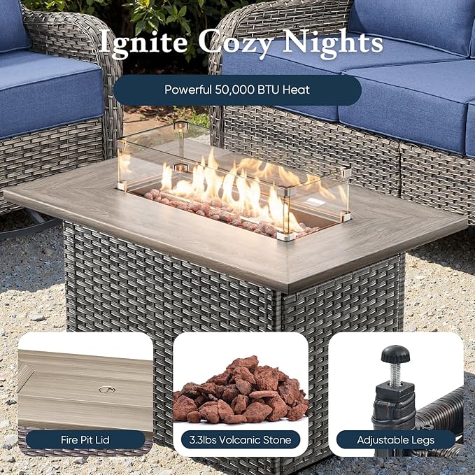 Belord Luxury 6" Thick Cushioned Outdoor Swivel Rocker Chairs Set of 4 with Fire Pit Table, High Back Wicker Patio Furniture Set with Ergonomic Zone Back, Conversation Set for Deck Porch - Grey+Blue