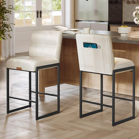 VASAGLE EKHO Collection - Bar Stools Set of 2, Counter Height Stools with Backs, 26.4-Inch Barstools Chairs, Synthetic Leather with Stitching, Mid-Century Modern, Dining Kitchen Island, Cream White