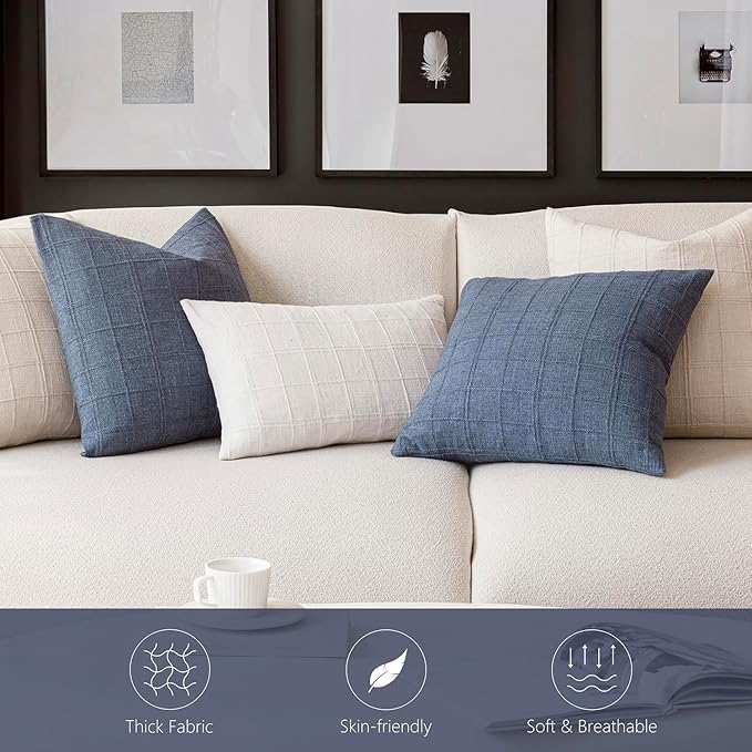 Foindtower Set of 2 Decorative Linen Check Throw Pillow Covers Neutral Farmhouse Vintage Cushion Covers Modern Coastal Boho Home Decor for Sofa Chair Couch Bedroom Living Room,26×26 Inch,Blue