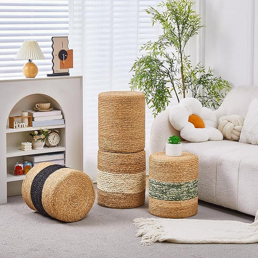 Wimarsbon Foot Stool Ottoman Round Natural Seagrass Footrest Stool Hand-Woven Boho Pouf Ottomans Home Decor Footstool Extra Seating for Living Room Bedroom Entryway White