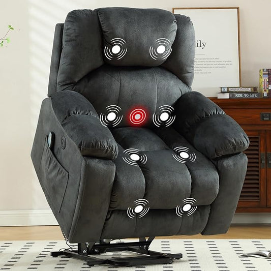 CANMOV Large Power Lift Recliner with Massage and Heat for Elderly, Heavy Duty Lift Recliner for Seniors with USB Port, 2 Hidden Cup Holders (Dark Grey)