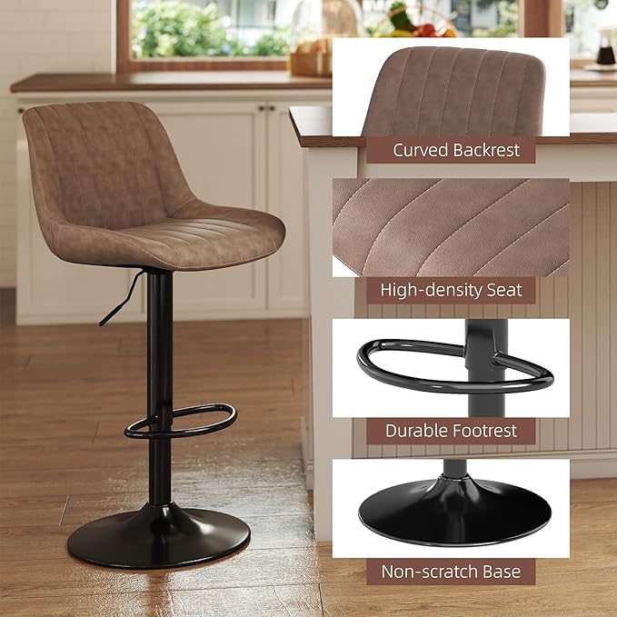 Youhauchair Bar Stools Set of 4, Swivel Counter Height Barstools with Back, Adjustable PU Leather Bar Chairs, Modern Armless Kitchen Island Stool, Light Brown