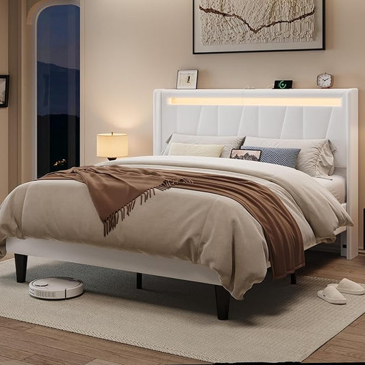 Allewie Queen Size LED Bed Frame with Charging Station, Velvet Upholstered Platform Bed with Geometric Wingback Headboard, Modern Frame with No Box Spring Needed, Easy Assembly, White