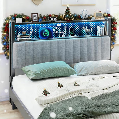 VINGLI King Size Headboard Only, Adjustable Upholstered Headboard with 2 Tier Shelves and Pegboard with Charging Stations and LED Lights, Modern Bed Headboard with Storage for Bedroom Decor