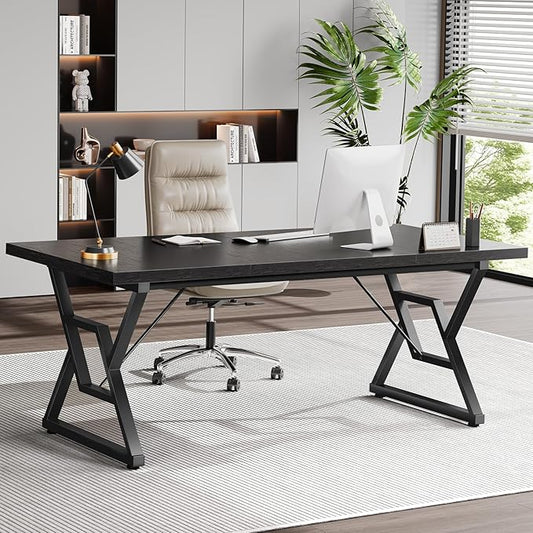70.8" Large Executive Desk - Computer Office Desk Workstation, Modern Business Writing Table with Sturdy Metal Legs for Home Office (Black/Black)
