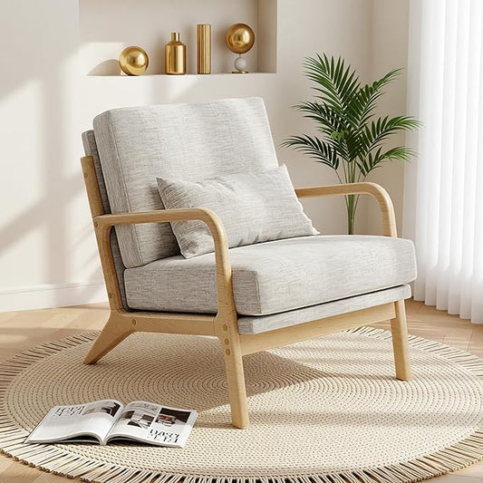Claiks Mid-Century Modern Accent Chair, Living Room Armchair with Solid Wood Frame & Lumbar Pillow, Comfy Upholstered Lounge Chair for Bedroom, Office, Linen-Like Fabric, Light Gray