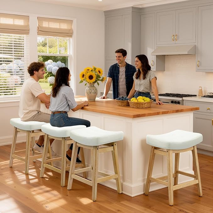 Counter Height Bar Stools Set of 6 for Kitchen Island Modern Barstools with Upholstered Faux Leather Backless Seat and Solid Wood Legs, 24 inch Farmhouse Bar Chairs, White