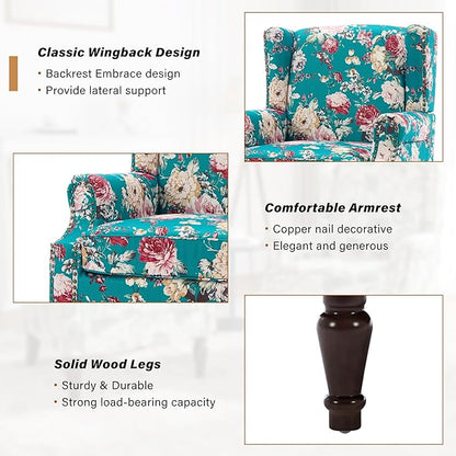 Wingback Accent Chairs Set of 2, High Back Upholstered Armchair, Floral Fabric Wingback Arms Chairs with Retro Solid Wood Legs, Single Sofa Reading Chair for Bedroom Living Room, Peacock Blue
