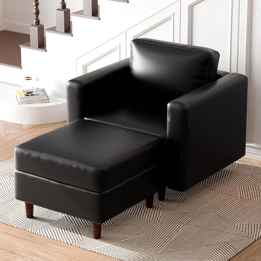 ABCASA Faux Leather Accent Chair with Ottoman,Upholstered Armchair with Storage,Extra-Deep-Seated Modular Single Sofa,Reading Chair with Footrest for Living Room Lounge Chair Black