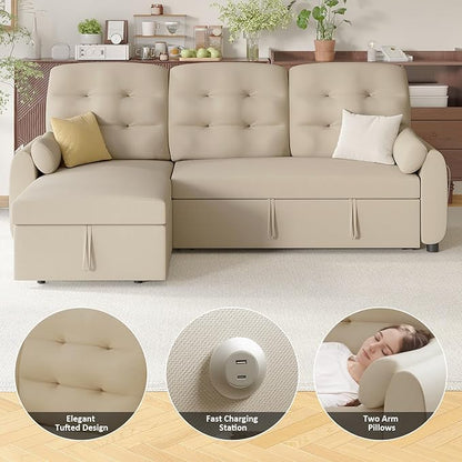 Ucloveria Sleeper Sofa Bed, 86" Convertible Sectional Sofa Couches for Living Room, Pull Out Couch Bed with Reversible Storage Chaise | USB Ports | Side Pockets | Removable Backrest