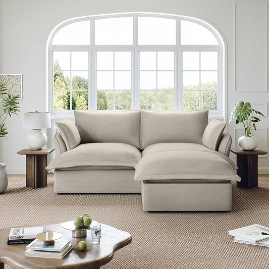 82” Modular Sectional Sofa, Comfy Down Fill Cloud Couch with Movable Ottoman, L Shaped Modular Small Couch with Washable Cover, Sectional Couches for Living Room Small Apartments, Light Gray