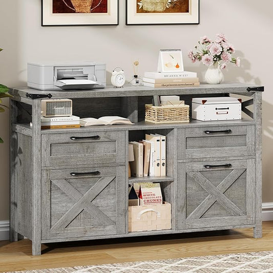 Filing Organization Storage Cabinets 4 Drawer with Adjustable Shelf, Lateral Filing Cabinet with Open Storage Shelf for Home Office, Farmhouse File Cabinets for Hanging Files Letter/A4.Gray