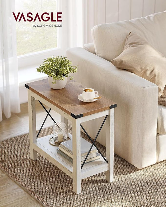 VASAGLE 2-Tier End Table, Side Table with Bottom Shelf, Nightstand for Small Spaces, for Living Room, Bedroom, Farmhouse Style, Rustic White and Honey Brown ULET235W01
