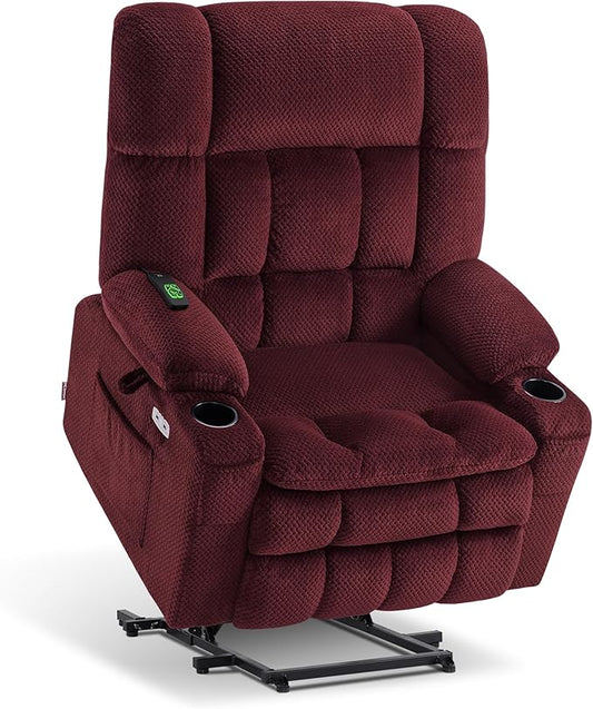 MCombo Oversized Power Lift Recliner Chair for Elderly, Dual Motor Lift Chair with Heat and Massage, Lay Flat Lift Chair for Big and Tall, Cup Holders, Fabric R7891 (Oversize, Burgundy)