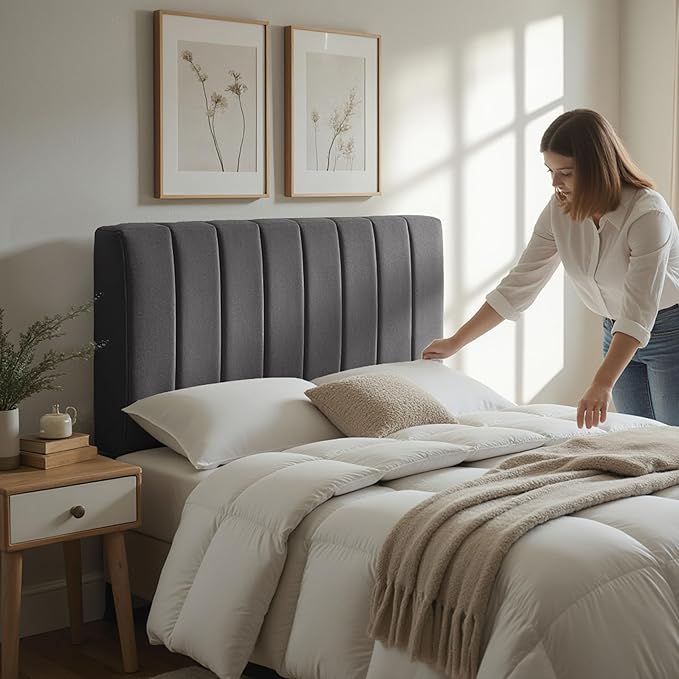 Nestl Upholstered Queen Headboard - Easy Assemble Channel Stitched Headboard Queen Size - Wall Mounted Headboards with 3D Soundproof Wall Panels Peel & Stick Floating Headboards, Grey