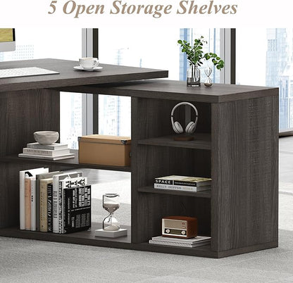 HSH L Shaped Computer Desk, Rustic Wood Corner Desk, Industrial Writing Workstation Table with Cabinet Drawer Storage for Home Office Study, Grey 55 inch