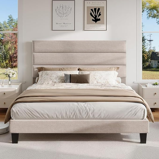 AMERLIFE Full Bed Frame with Linen Upholstered Headboard, Modern Platform Bed with Wooden Slats Support, Noise-Free, No Box Spring Needed, Easy Assembly, Beige