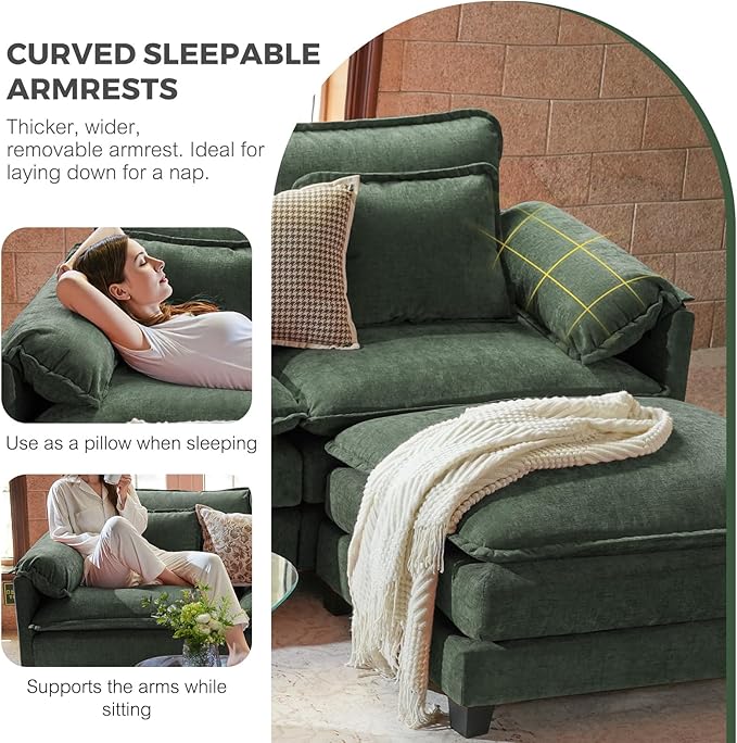 ELUCHANG 113" Modular Sectional Sofa, Comfy Cloud Couch, L Shaped Deep Seat Sofa Couches for Living Room, 4-Seater Modern Sofa with Movable Ottoman, DIY Combination - Chenille Olive Green