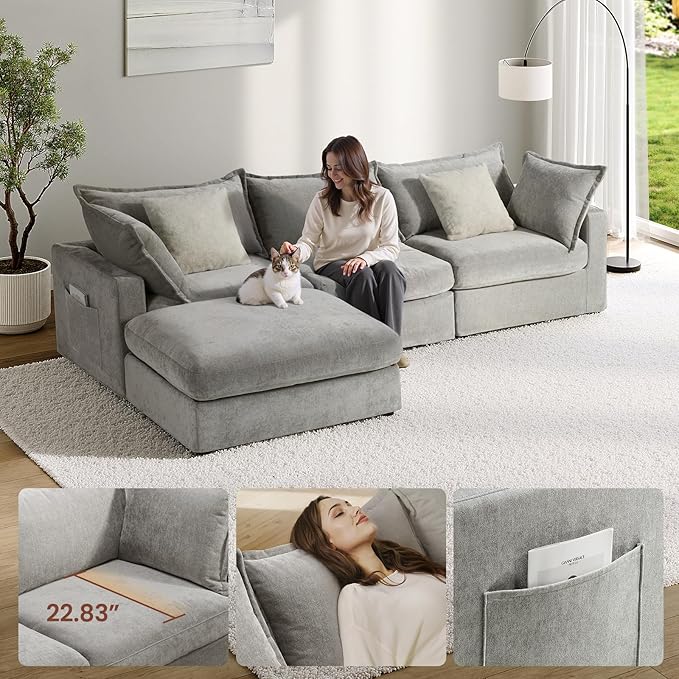 118.5" Down Filled Cloud Couch, Chenille Modular Sectional Sofa with Storage Ottoman, 3-Seater L Shape Sofa with Throw Pillows, Mordern Sectional Couches for Living Room, Light Grey