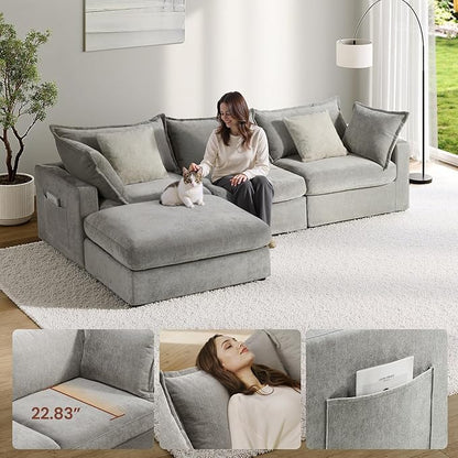 118.5" Down Filled Cloud Couch, Chenille Modular Sectional Sofa with Storage Ottoman, 3-Seater L Shape Sofa with Throw Pillows, Mordern Sectional Couches for Living Room, Light Grey
