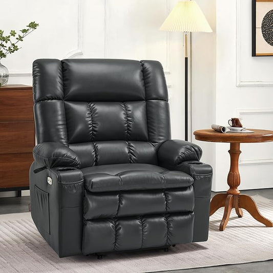 MCombo Dual Motor Power Lift Recliner Chair for Elderly, Lay Flat Lift Chair with Heat and Massage, Oversized Lift Recliner for Big and Tall, Faux Leather R7891 (Black, Oversized)
