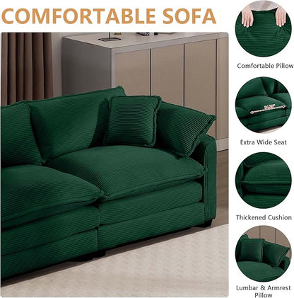 mikibama Luxury 2 Piece Sofa Set, Loveseat Couch & Sofa Armchair Set, Modern Corduroy Comfy Cloud Couches Set for Living Room Office with 2 Armrest Pillows and 3 Toss Pillows, Green