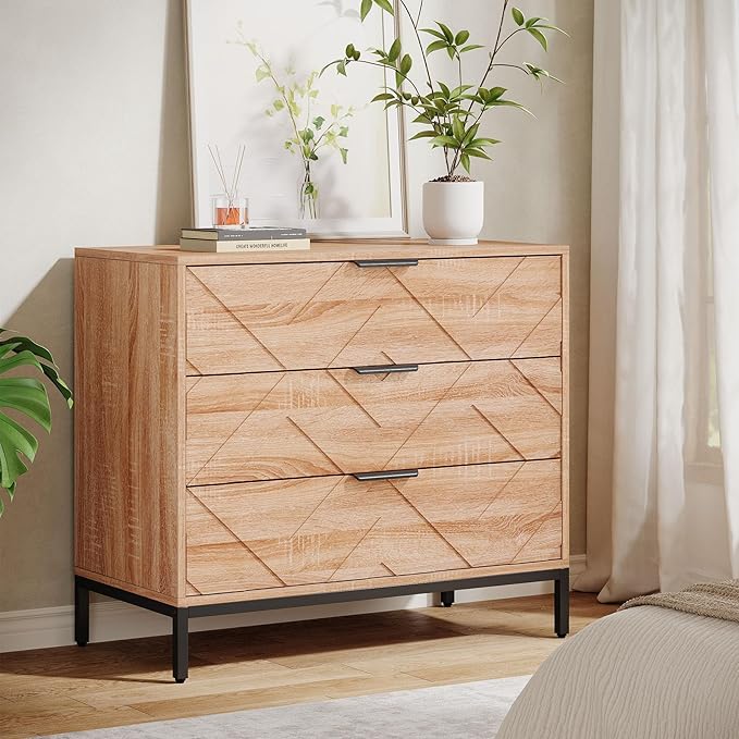 Tribesigns Wooden Nightstand Set of 2 with 3 Drawers, 31" Wide Night Stand with Metal Legs, Modern Large Bedside End Table for Bedroom, Living Room