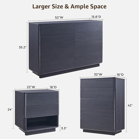 ACCOHOHO Modern Bedroom Set, 3 Pieces Bedroom Furniture Set, Includes 8 Drawers Dresser, 6 Dressers Organizer,Nightstand, Chest of Drawers Wide Storage Organizer Cabinet for Bedroom, Black