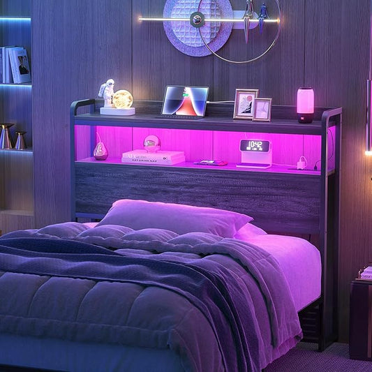 Aheaplus Headboard for Twin Size Bed Frame, Headboards with Outlets, USB Ports and LED Light, Head Board with Storage, Height Adjustable, Sturdy and Stable Headboard, Twin Size, Black Oak