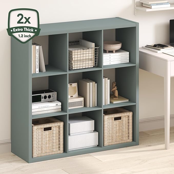 Furinno Cubicle Book Shelf, 9-Cube Thick Frame Bookshelf, Reversible Bookcase with Open Back, 14.6" x 43.8" x 43.8", for Living Room, Bedroom, Home Office, Sage Green