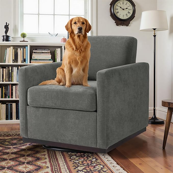 Pia Ricco Plush Swivel Barrel Chair Set of 2 - Mid-Century Modern Accent Armchairs in Soft Chenille for Living Room & Cozy Reading Nook, Dark Gray