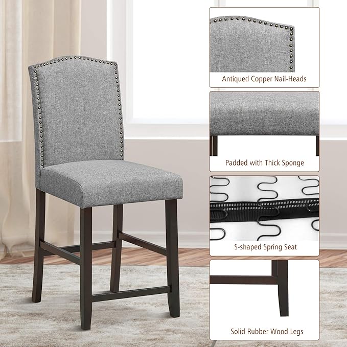 COSTWAY Bar Stools Set of 4, 25'' Upholstered Counter Height Bar Stools with S-Shaped Spring Thick Cushion, Rubber Wood Legs, High Back Leisure Chairs for Living, Kitchen, Dining Room (Grey, 4)