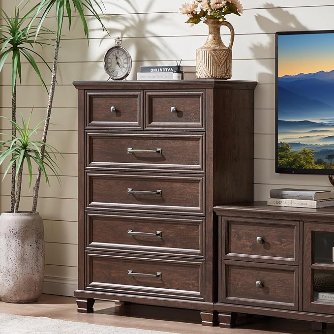 Farmhouse Bedroom Dresser and Nightstand Set of 4, 6 Drawer Tall & 5 Drawers Dresser & 2 Drawer Nightstand Set, Rustic Wood Bedroom Furniture Set for Livingroom, Hallway, Walnut