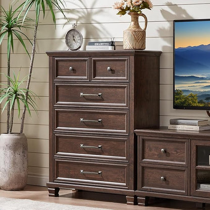 Farmhouse Bedroom Dresser and Nightstand Set of 4, 6 Drawer Tall & 5 Drawers Dresser & 2 Drawer Nightstand Set, Rustic Wood Bedroom Furniture Set for Livingroom, Hallway, Walnut