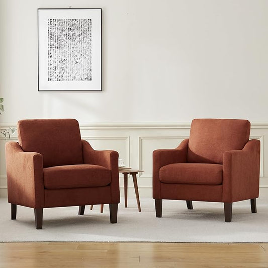 VKNOW Mid Century Modern Accent Chairs Set of 2, Upholstered Living Room Chairs Armchair for Bedroom, Comfy Reading Accent Chairs with Wood Legs for Living Room, Orange