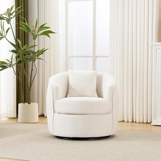 Swivel Accent Chair, Modern Upholstered Boucle Barrel Arm Chairs with Pillow for Living Room, 360 Degree Round Swivel Sherpa Armchair with Round Base for Bedroom Club (1, Cream)