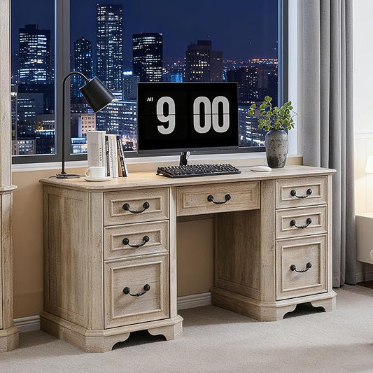 RedLemon 60" Executive Desk with Drawers,Wood Home Office Desk, Featuring Keyboard Tray,Charging Station,File Drawer, Storage Cabinet,for Work and Study (Light Rustic Oak)