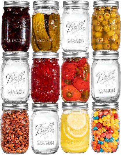 Ball Regular Mouth Mason Jars 16 oz. (12 Pack) - Pint Size Jars with Airtight Lids and Bands for Canning, Fermenting, Pickling, Meal Prep or DIY Decors and Projects Bundled with Peaknip Jar Opener