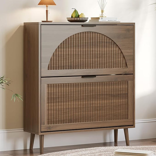 Shoe Cabinet for Entryway with 2 Flip Drawers, Slim Wooden Shoe Storage Organizer with Modern Fluted Pannel，Freestanding Narrow Hidden Shoe Rack for Hallway, Foyer, Living Room