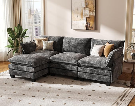 KKL Modular Sectional Sofa, L-Shaped 4 Seater Cloud Couch with Ottoman, Chenille Modern Sectional Couches for Living Room, Apartment, Grey