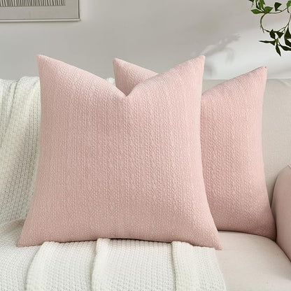 FUTEI Pink Chenille Throw Pillow Covers 18x18 Inch Set of 2,Soft Striped & Diamond Textured Cushion Cases,Modern Home Decor for Couch Living Room