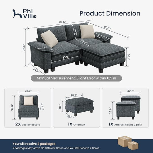 PHI VILLA Cloud Modular Couches Sets, 87.5" Sectional Loveseat Sofa with 1 Movable Ottoman, 3-Seater Comfy Couches for Living Room Apartment, Chenille Fabric, Dark Cyan