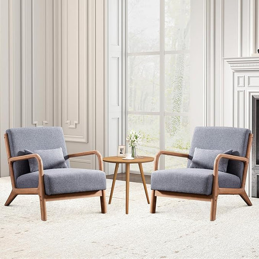 ANJ ANJHOME Mid Century Modern Accent Chairs Set of 2, Comfy Fabric Reading Chair with Solid Wood Frame, Easy Assembly Armchair for Living Room,Grey