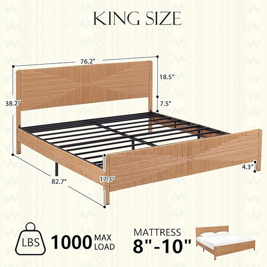 Yechen Hand-Woven PE Rattan King Bed Frame with Headboard and Footboard, Boho Mid Century Modern Bedframe with Vintage Pattern, Wicker Bed with Metal Frame and Slats, No Box Spring Needed, 1000lbs